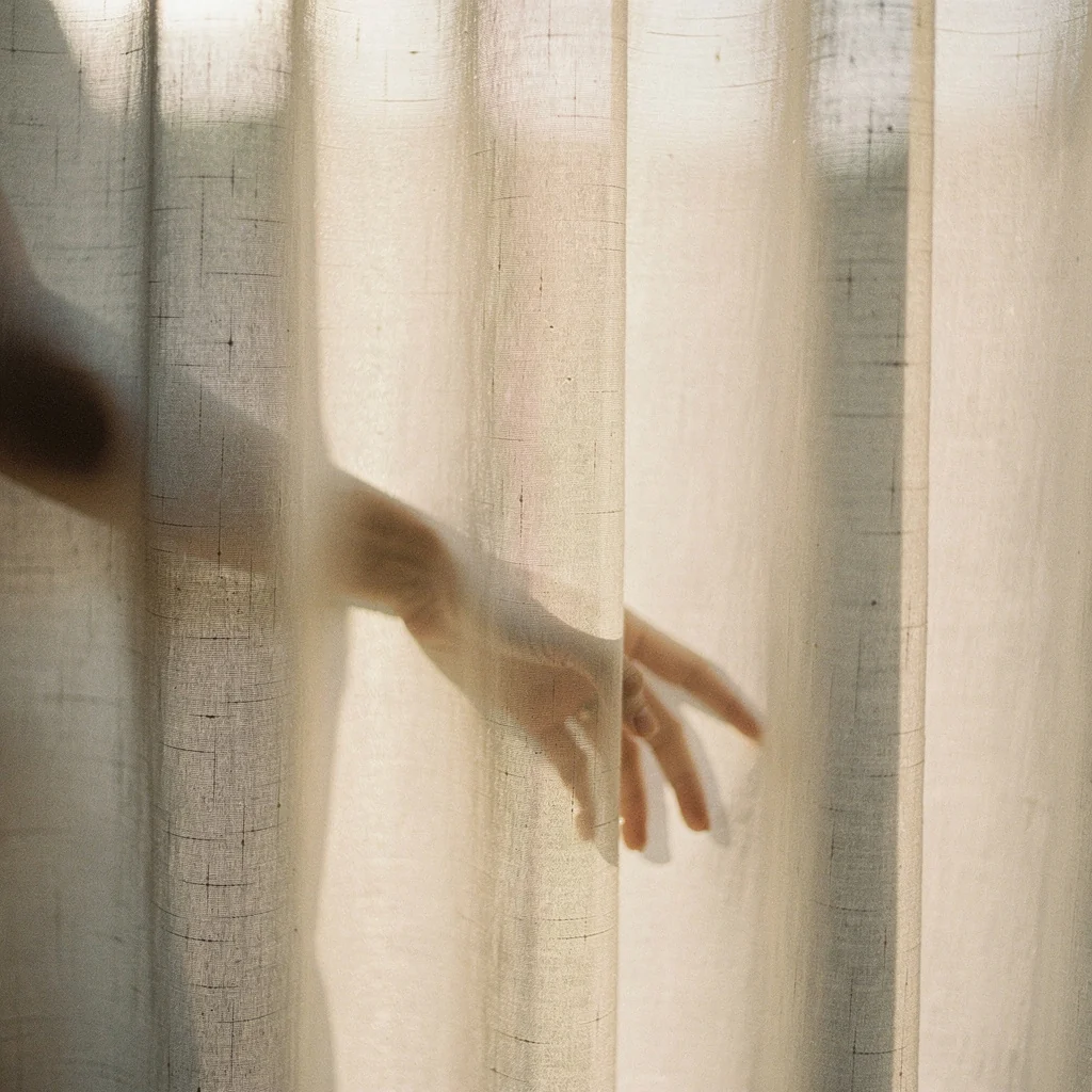 Hand reaching behind soft linen curtains